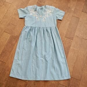 Vtg Panorama Short Sleeve V Neck Pullover Midi Dress Blue Womens Size Large